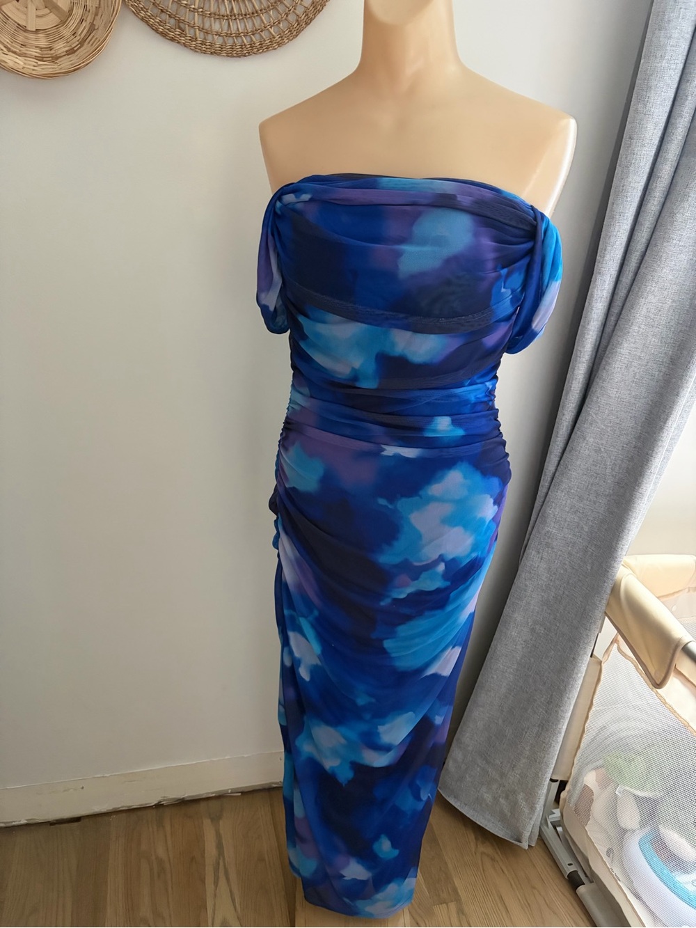 Blue Tie-Dye Strapless Ruched Midi Dress